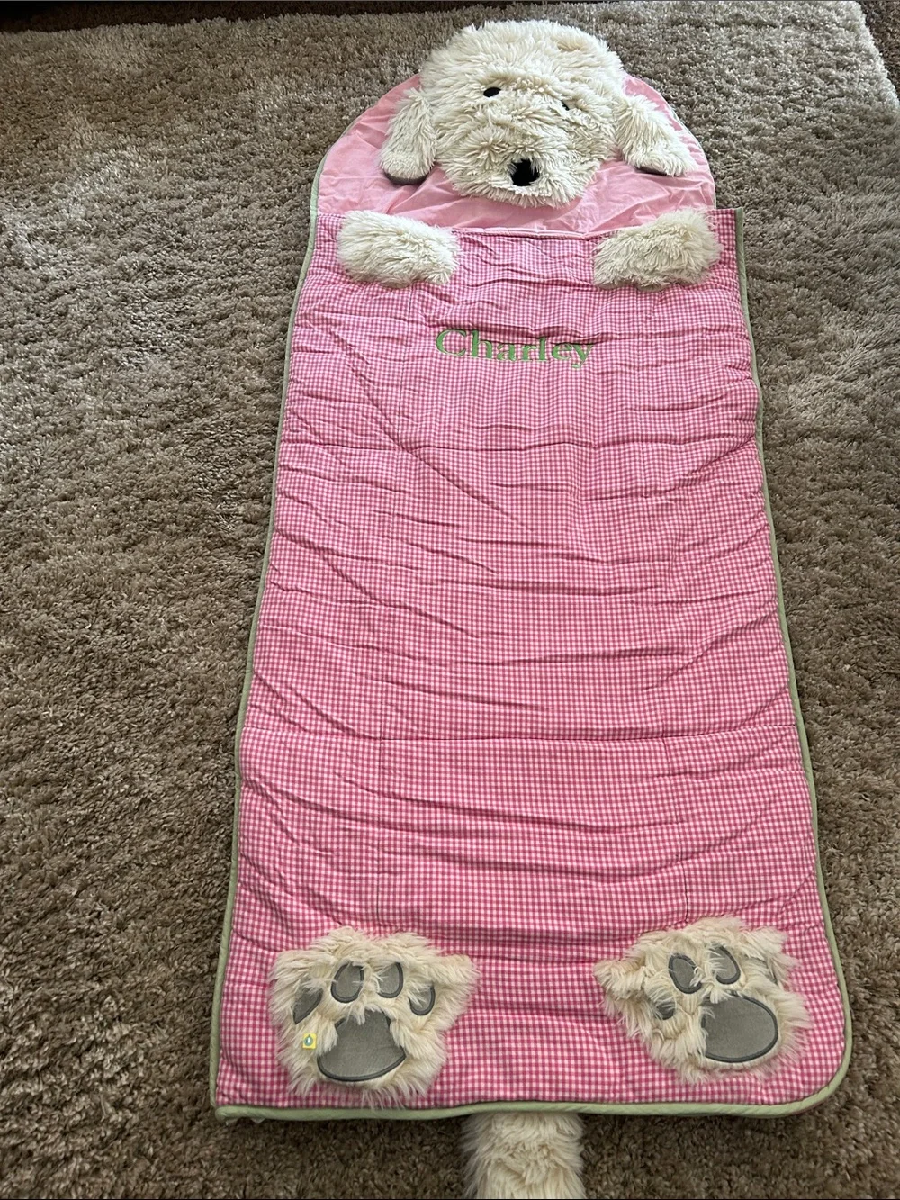 Pottery Barn Kids Pink Gingham Puppy Sleeping Bag